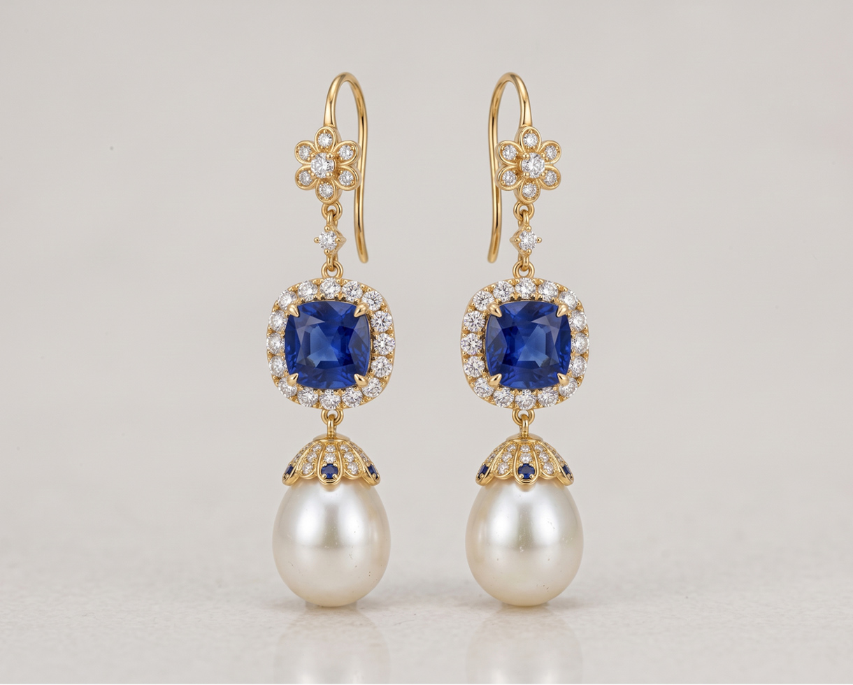 Jewelry Photo Editing – Before example: Sapphire Pearl Earring Edit